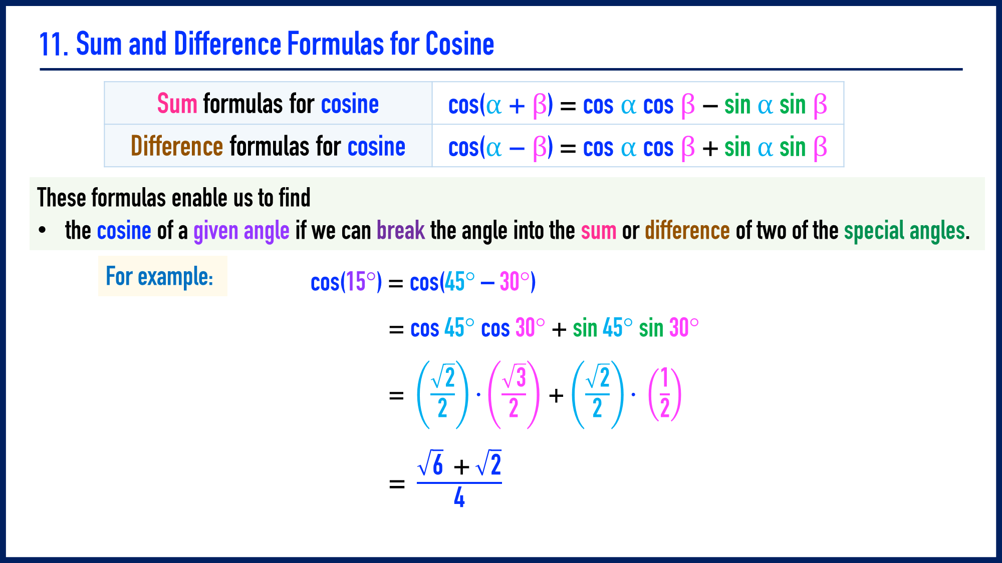 11. Sum and difference formulas for cosine | LESSON COURSE 109 - L - V ...