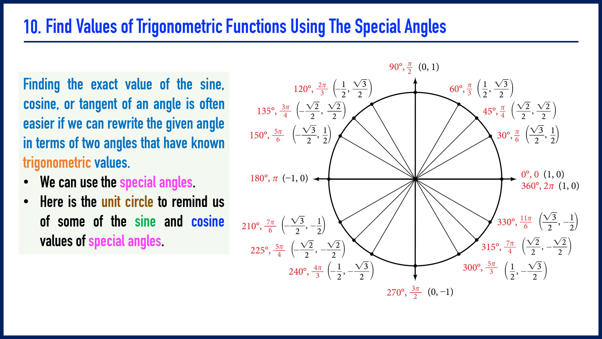 10. Find values of trigonometric functions using the special angles ...